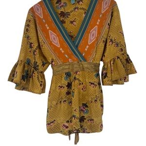 Plenty by Tracy Reese Floral y2k Boho V-Neck   Blouse 100% Silk Yellow Size 2